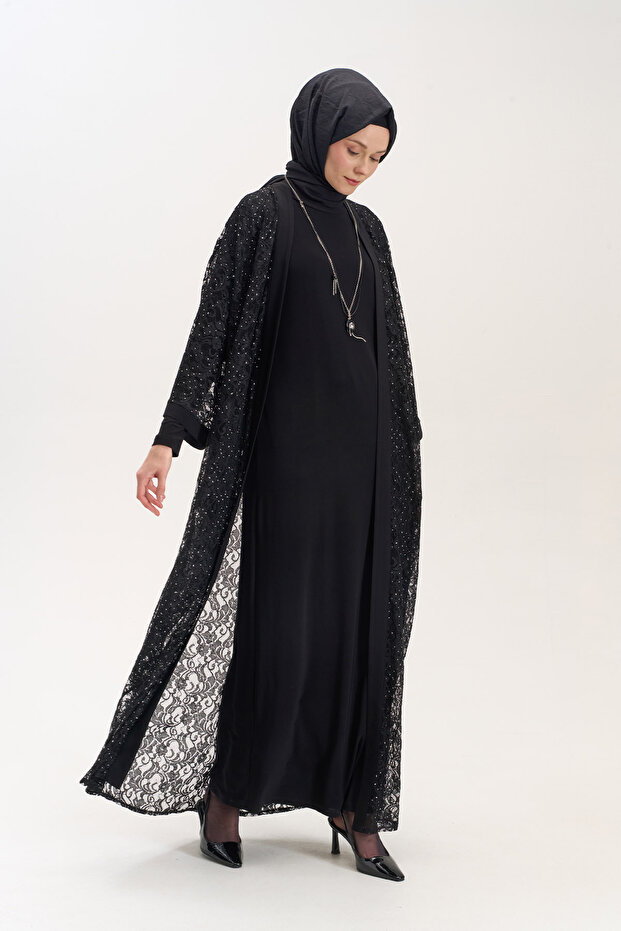 Kolye Aksesuarlı Dantelli Abaya - 3