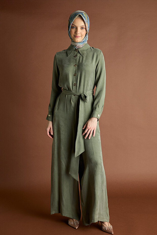 Düğmeli Kuşaklı Tulum - 1