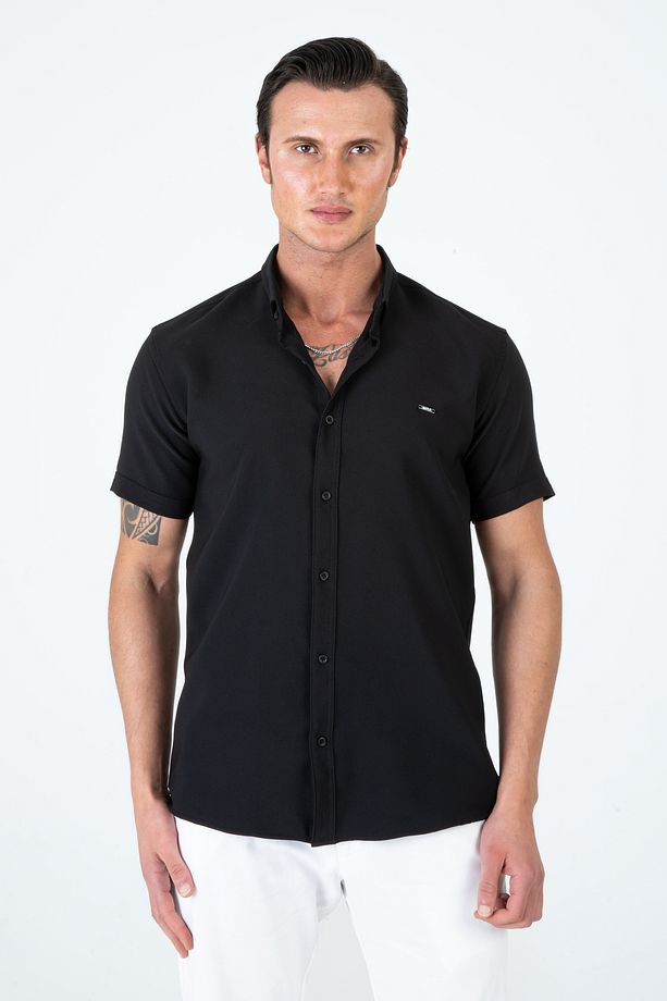 Erkek Slim Fit Dar Kesim Kısa Kollu Nefes Alan Örme Doku Yazlık Erkek Gömlek - 7