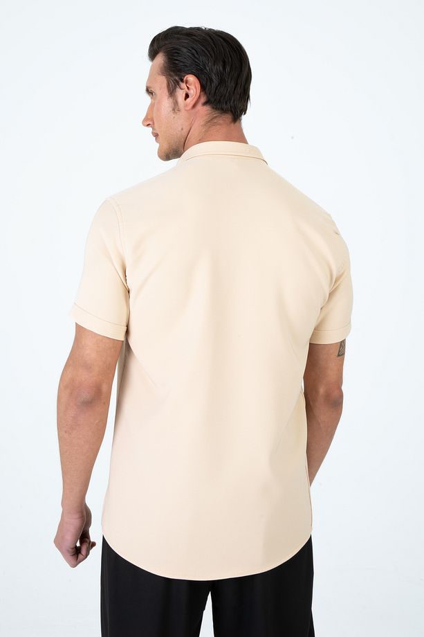 Erkek Slim Fit Dar Kesim Kısa Kollu Nefes Alan Örme Doku Yazlık Erkek Gömlek - 4