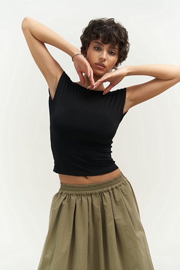 Nives Sırt Dekolteli Siyah Crop - 2