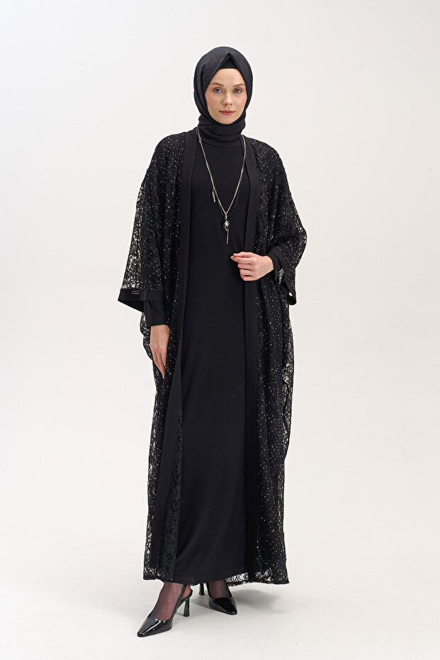Kolye Aksesuarlı Dantelli Abaya - 2