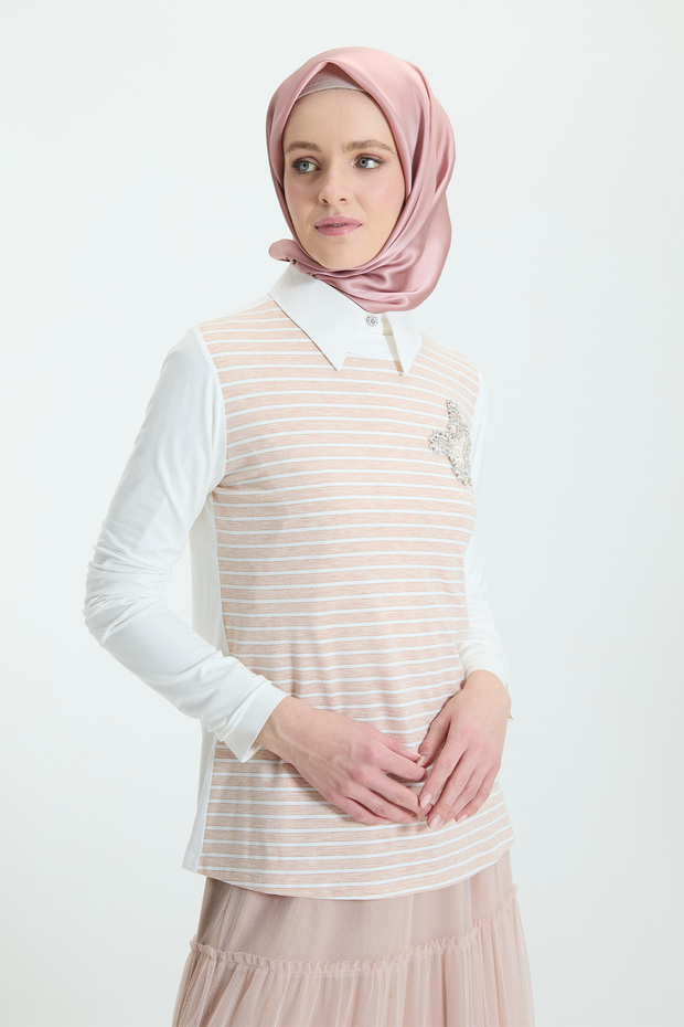 Çizgili Penye Bluz - 1