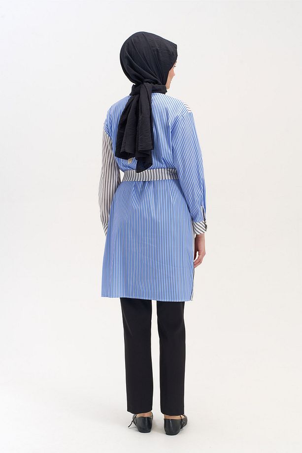 Kuşaklı Çift Renk Çizgili Tunik - 7