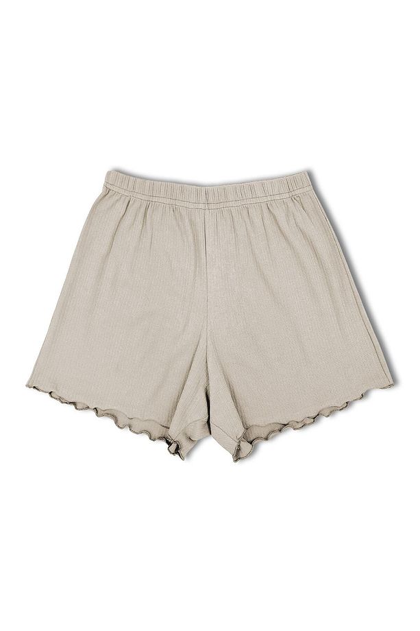 Ekru Pamuklu Fitilli Kısa Kollu Tişört ve Şort Kadın Pijama Takımı - 6