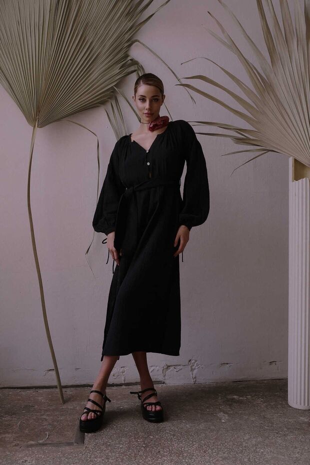 Helen Siyah Müslin Elbise - 1