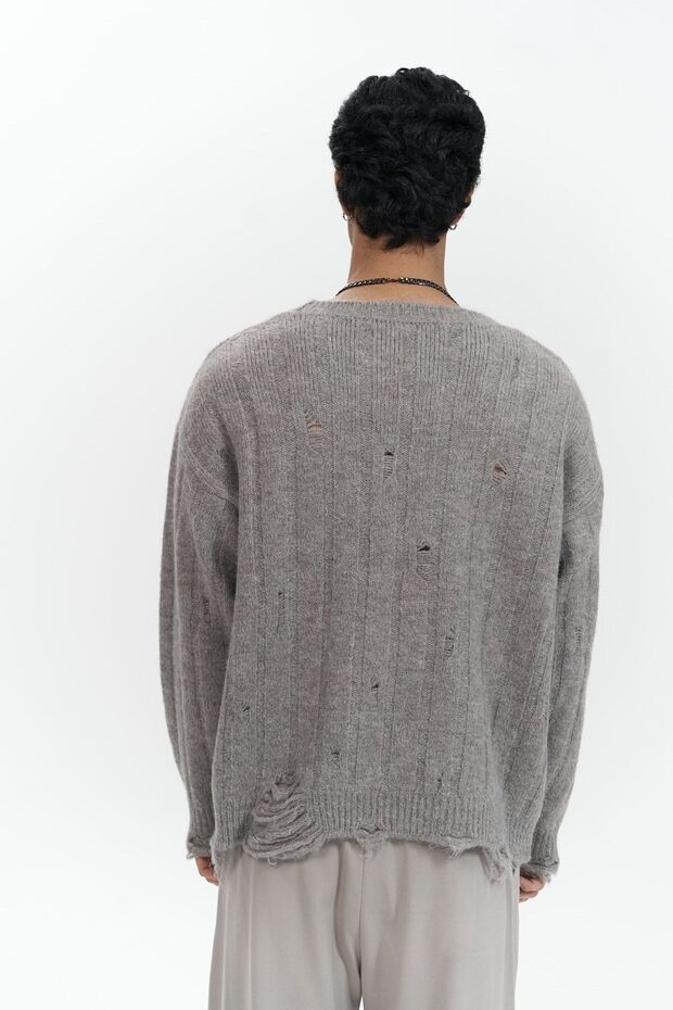 Vincent Yırtık Detay Boz Kahve Erkek Triko Kazak - 4