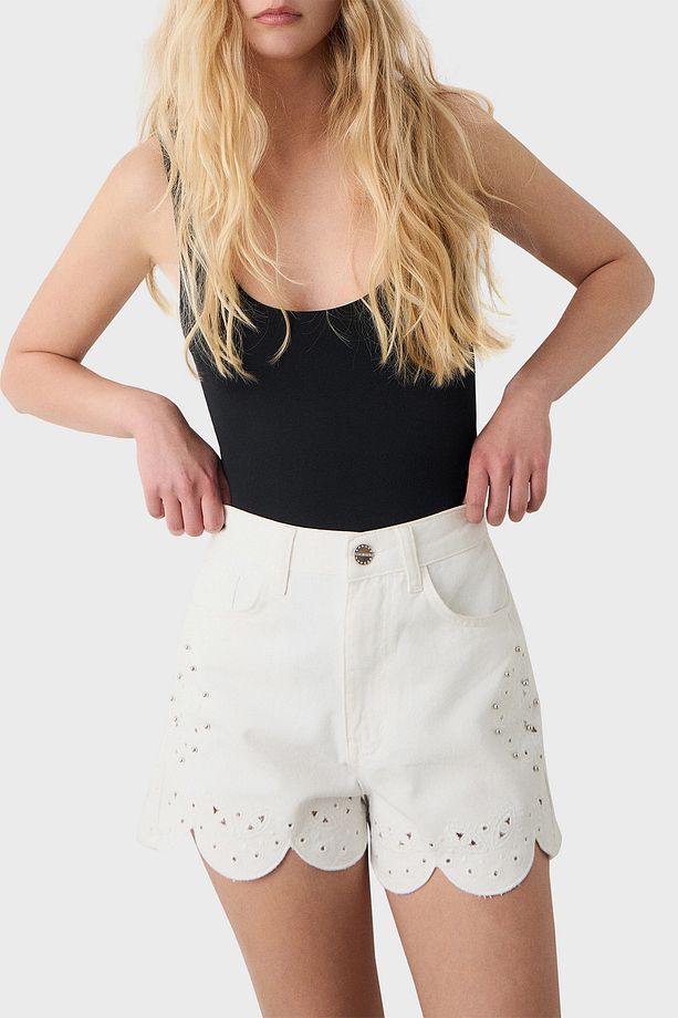 Pamuklu Taş Detaylı Regular Fit Yüksek Bel Mini Kot Short SHORT 053 - 1
