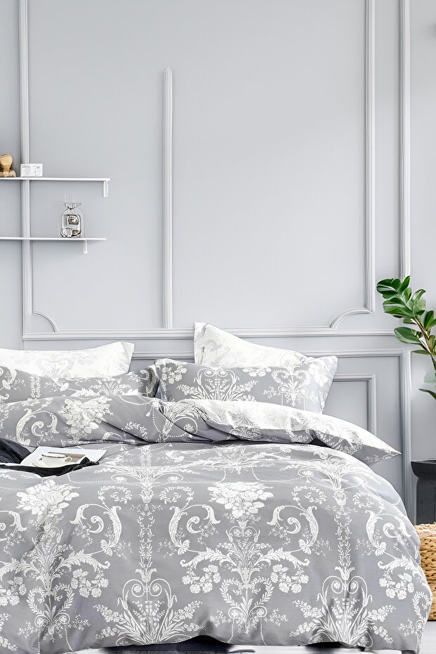 Reversible Double Duvet Cover Set with Fitted Sheet Pattern Gray - 1