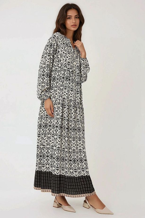 Gömlek Yaka Desenli Modest Elbise - 2