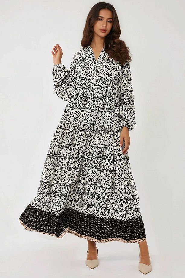 Gömlek Yaka Desenli Modest Elbise - 1