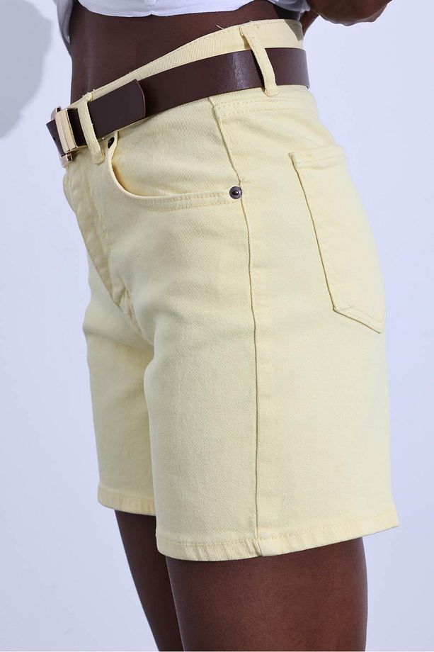 Sarı Yüksek Bel Şehir Boy Denim Şort - 6