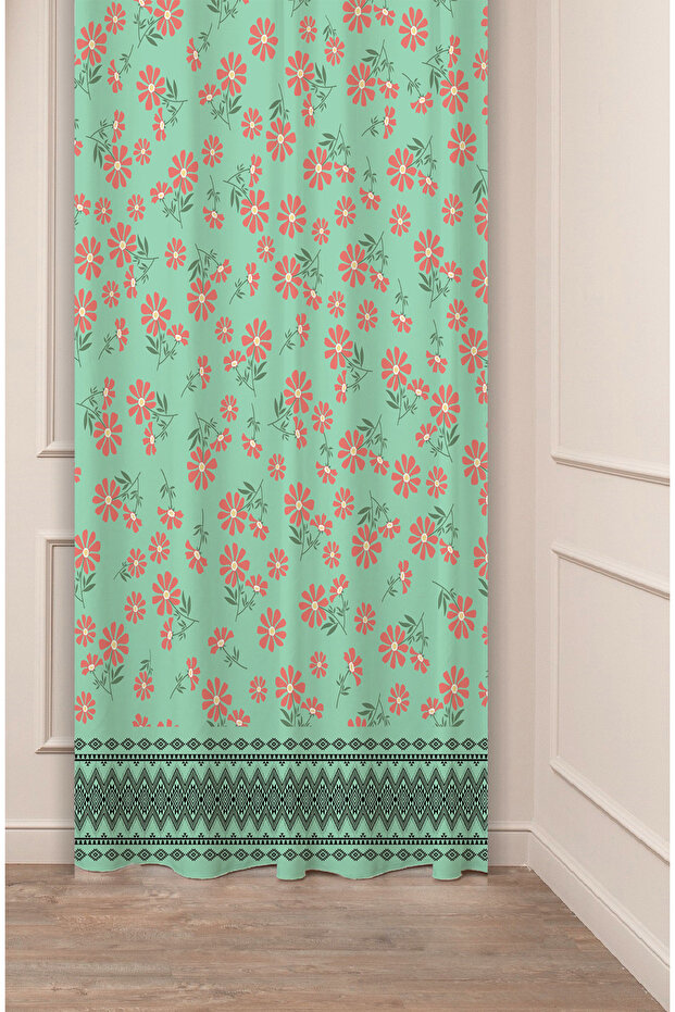 Flowers Leaf Square Geometric Lines Patterned Custom Design Digital Printed (Single Wing) Background Curtain