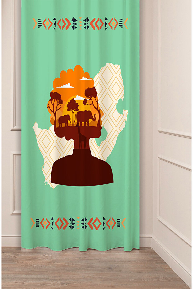 Ethnic African Antique Nature Elephant Giraffe Patterned Bohemian Special Design Digital Printed (Single Wing) Background Curtain