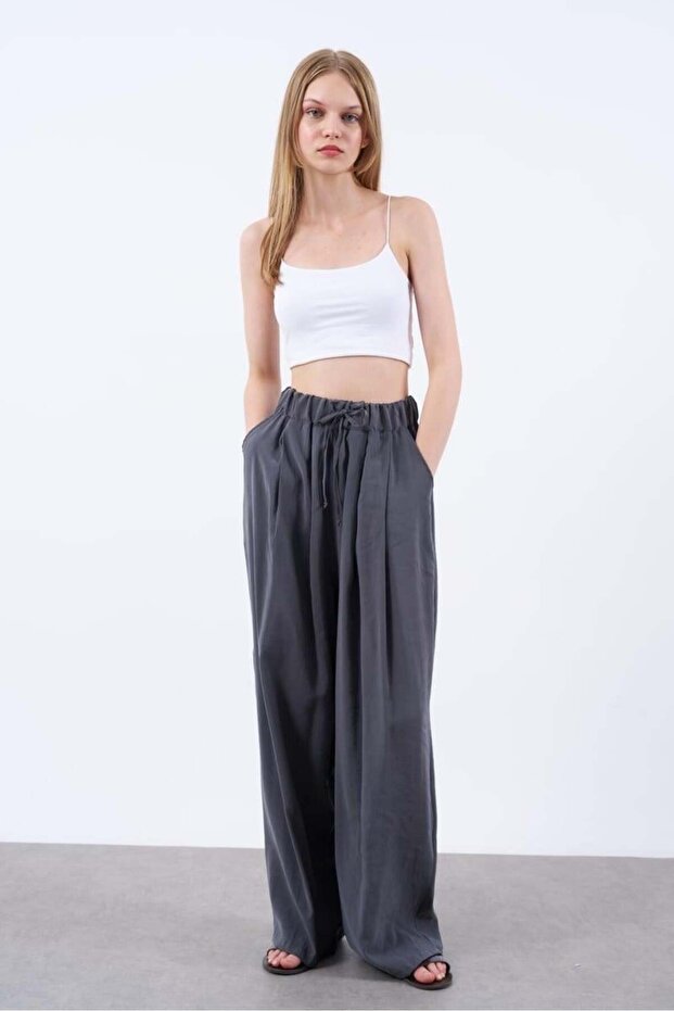 Women's Anthracite Elastic Waist Wide Leg Trousers