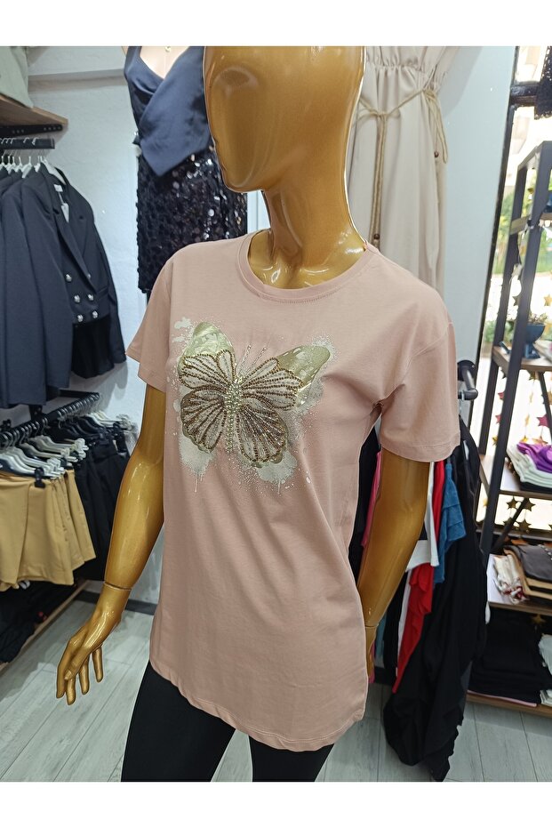 بلوزة مطبوعة من الأمام بياقة دراجة مرنة منقوشة على شكل فراشة - 2