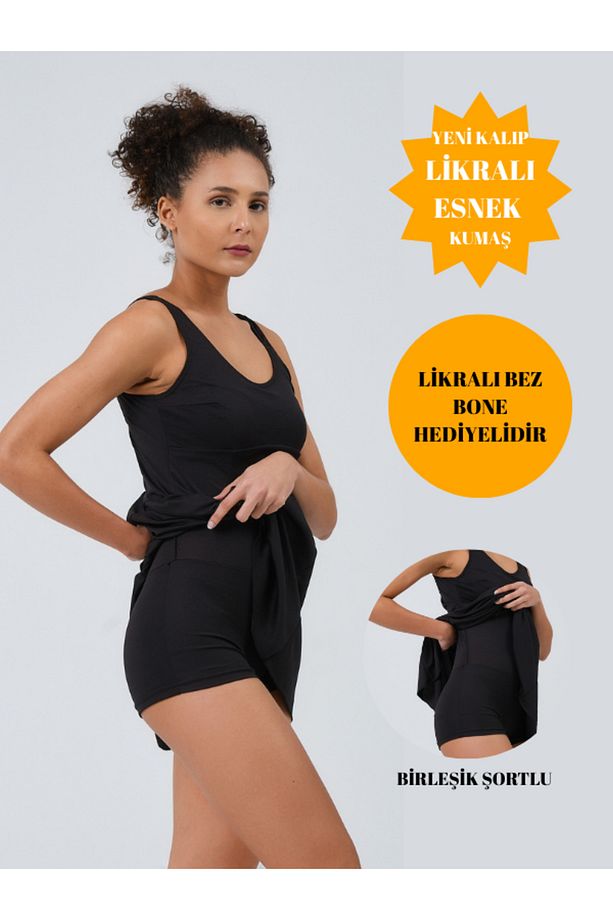 Kadın Elbiseli Şortlu Mayo Geniş Askılı Tek Parça Şortlu Elbiseli Mayo - 1
