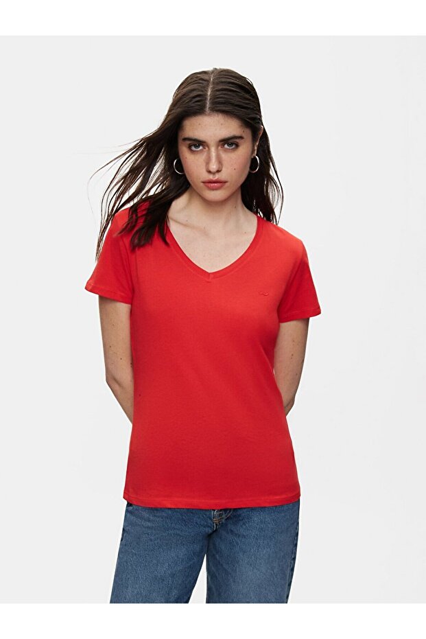 Kısa Kollu Basıc V Yaka Regular Kırmızı T-shırt - 5