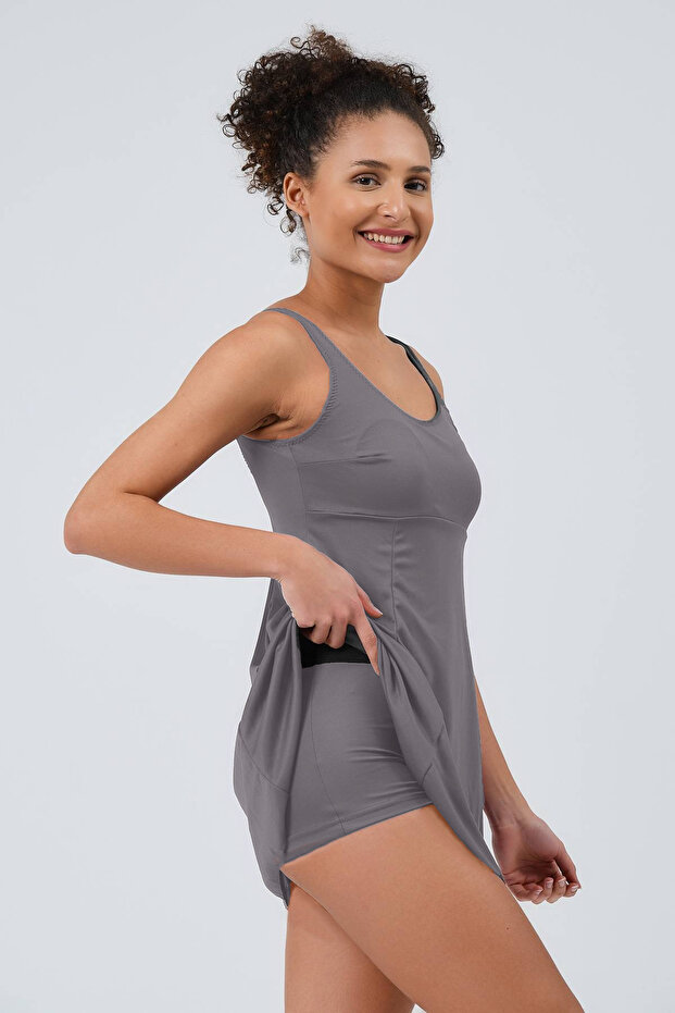 Kadın Elbiseli Şortlu Mayo Geniş Askılı Tek Parça Şortlu Elbiseli Mayo - 7