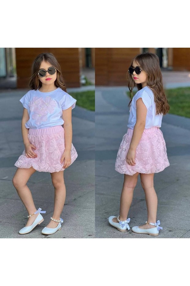 Girl's Tulle Balloon Skirt Bead Detailed Bottom-Top Set Pink Color