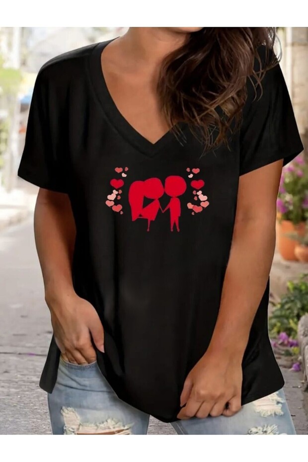 Women's V-Neck Plain & Printed Black / White Oversize T-Shirt Casual