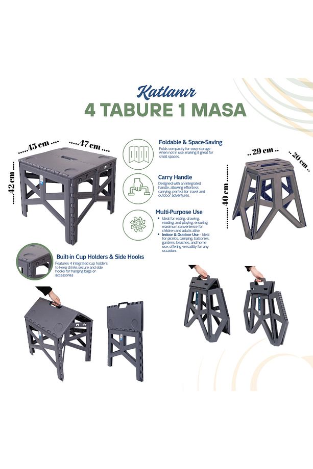 SİYAH Katlanır Kamp Piknik Masa Sandalye Seti 1 Masa 4 Tabure - 6