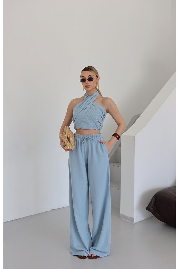 Mavi Boyundan Bağlı Büstiyer Pantolon Takım - 30352 - 3