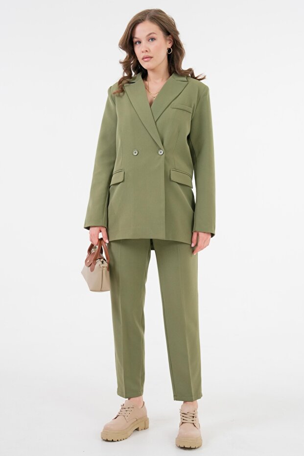 Khaki Blazer Jacket-Pants Woven Bottom-Top Set
