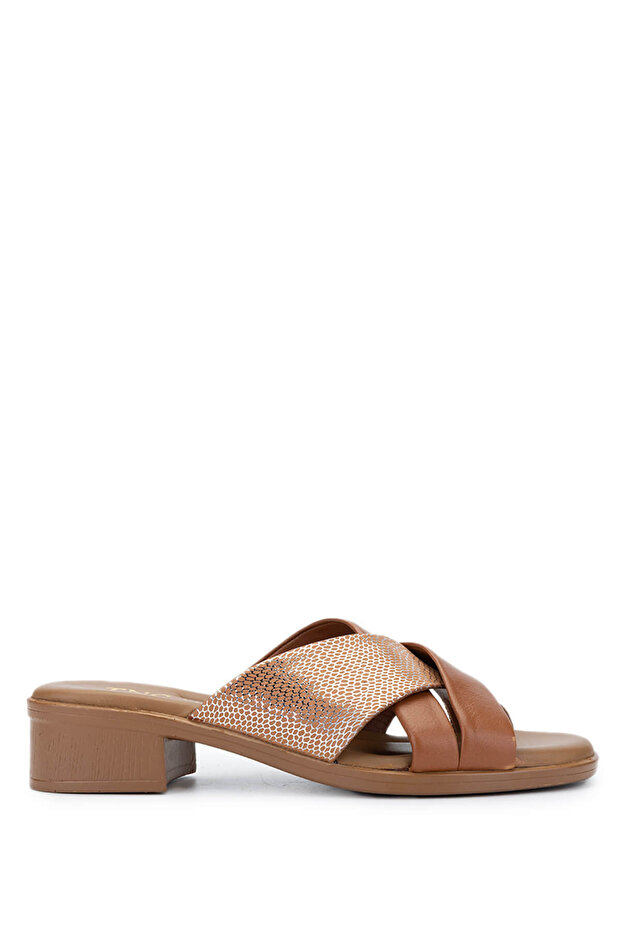 Women's Genuine Leather Tan Heeled Slippers