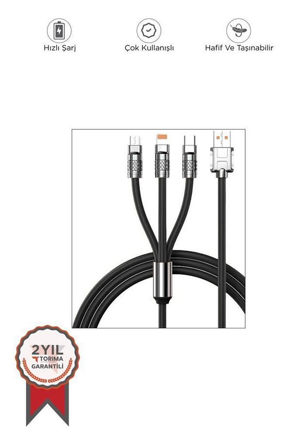 U160 Siyah 3 IN 1 Usb To Type-c , Lightning , Micro Uçlu Şarj Data Kablosu - 1