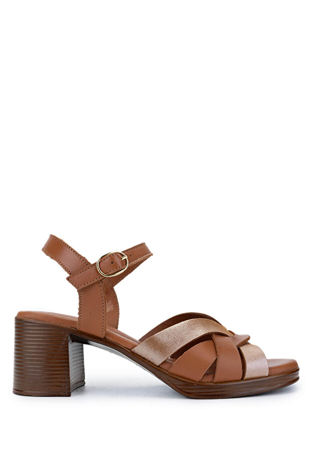 Women's Genuine Leather Tan Heeled Sandals