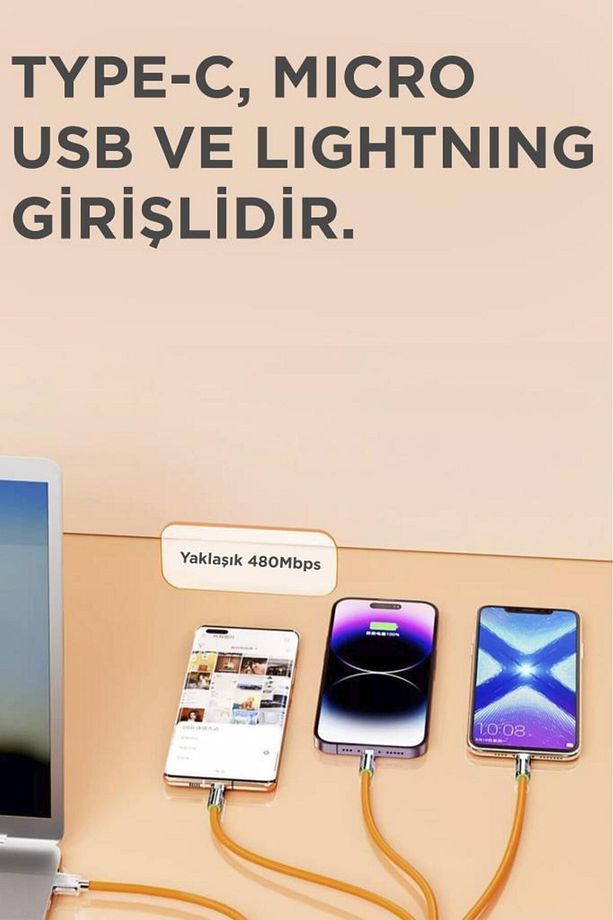 U160 Siyah 3 IN 1 Usb To Type-c , Lightning , Micro Uçlu Şarj Data Kablosu - 2