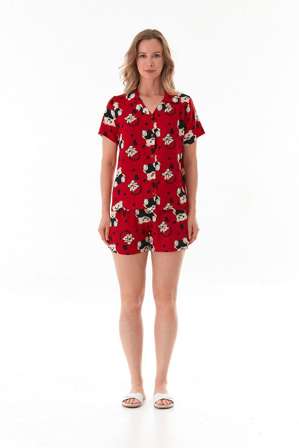 Ayıcık Desenli Gömlek Yaka Şortlu Pijama Takımı - 3