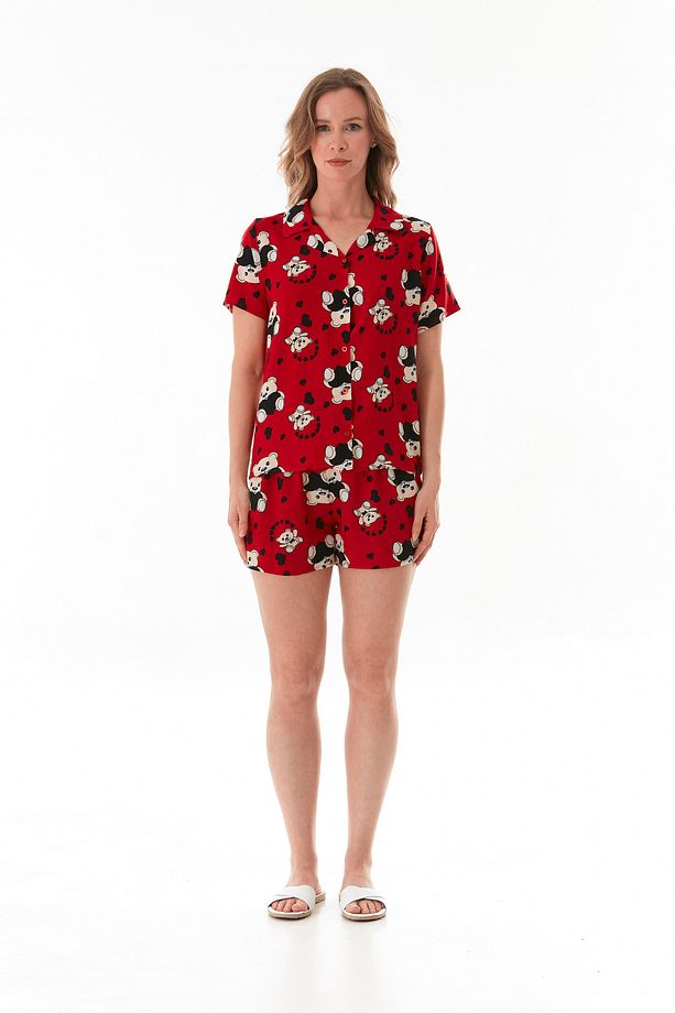 Ayıcık Desenli Gömlek Yaka Şortlu Pijama Takımı - 8