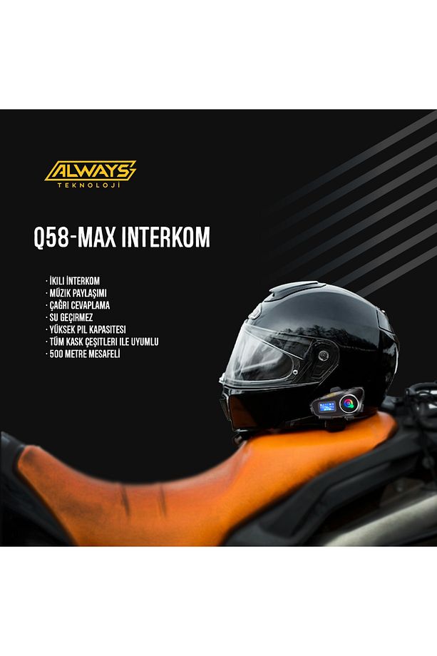 2 ADET Q58-MAX Radyolu Telsiz Özellikli 2 Kişi Bağlantılı Bluetooth Kask Kulaklık Ekranlı Fenerli Mü - 4