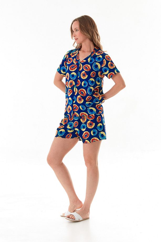 Donut Desenli Gömlek Yaka Şortlu Pijama Takımı - 5