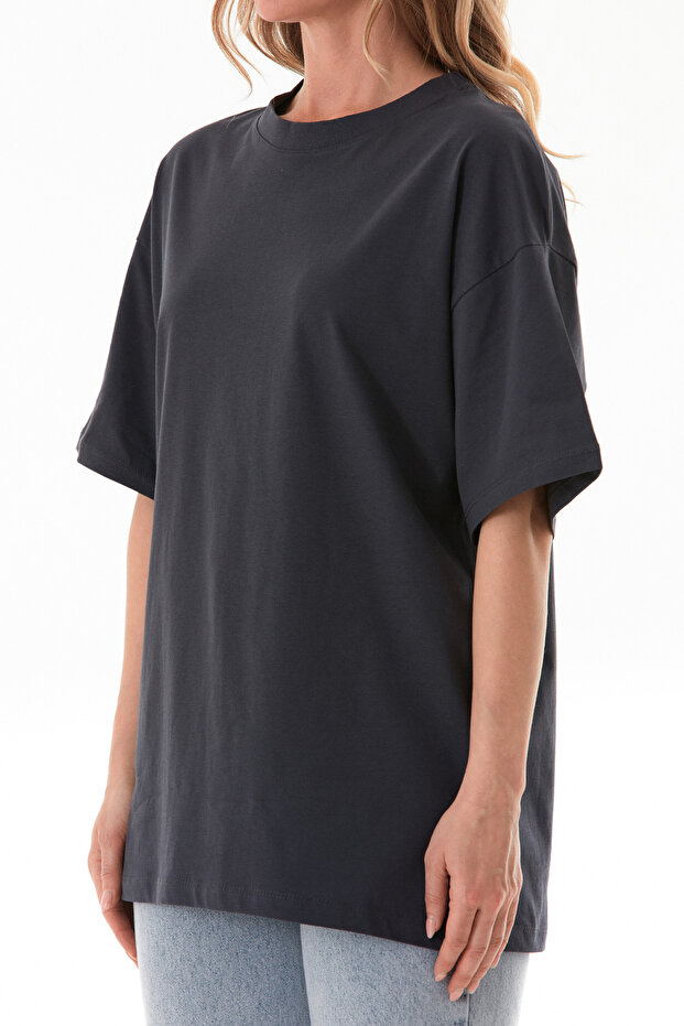 Basic Oversize Bisiklet Yaka Tişört - 5