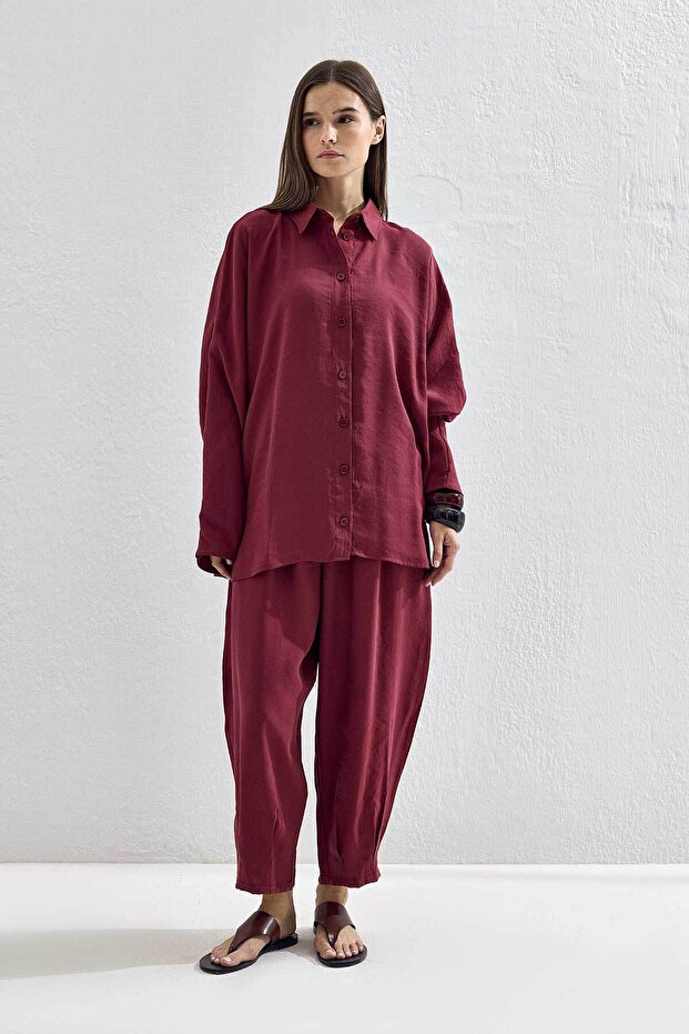 Basic Oversize Bordo Pantolon Takım - 4