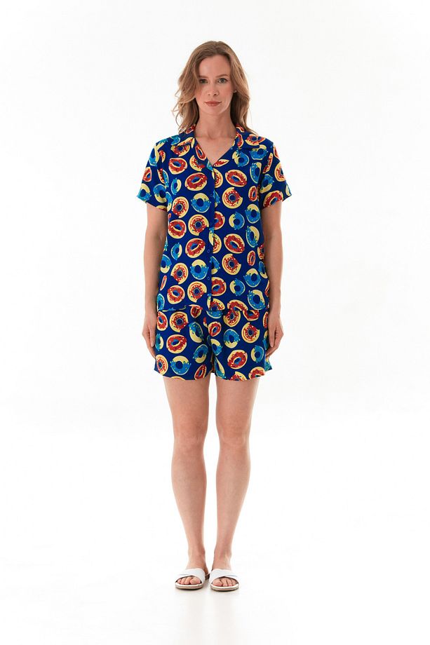 Donut Desenli Gömlek Yaka Şortlu Pijama Takımı - 8