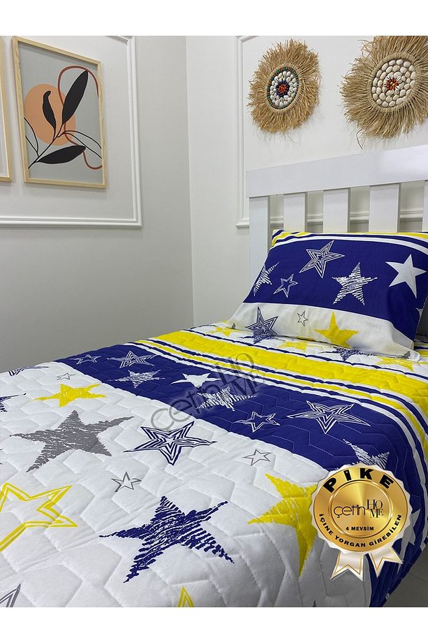 Çetinhome Tek Kişilik Kapitone Pike Seti 4 Mevsim Sarı Lacivert - 3