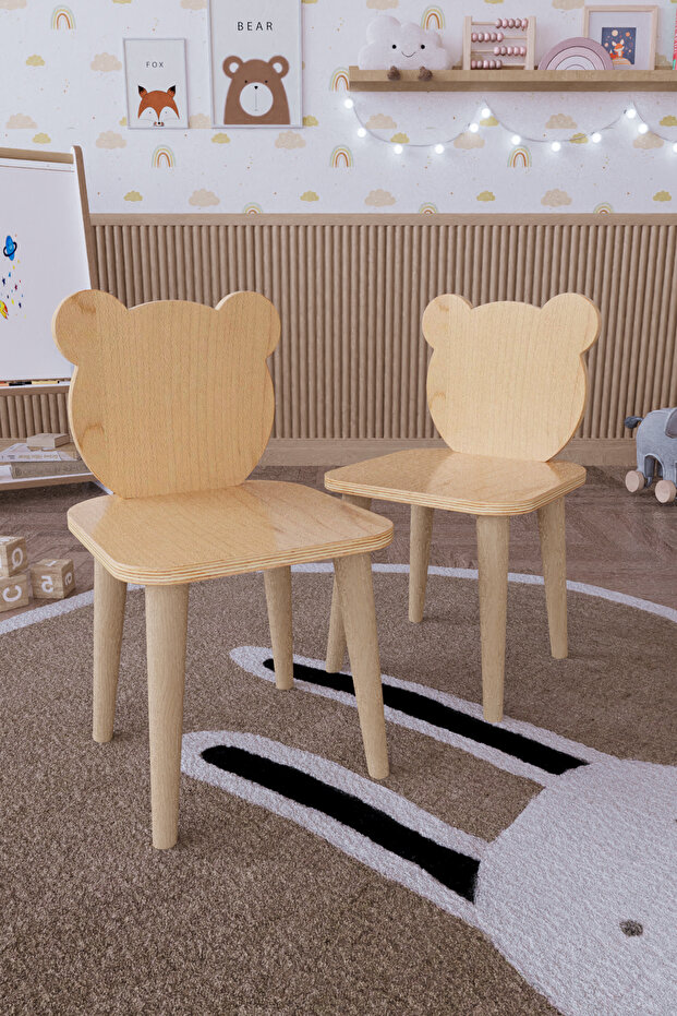 Ahşap Ayıcık Çocuk Sandalyesi - 2 Adet - 1