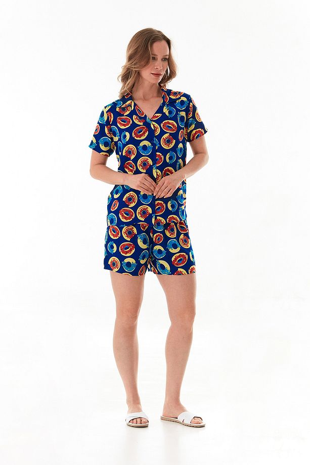 Donut Desenli Gömlek Yaka Şortlu Pijama Takımı - 4