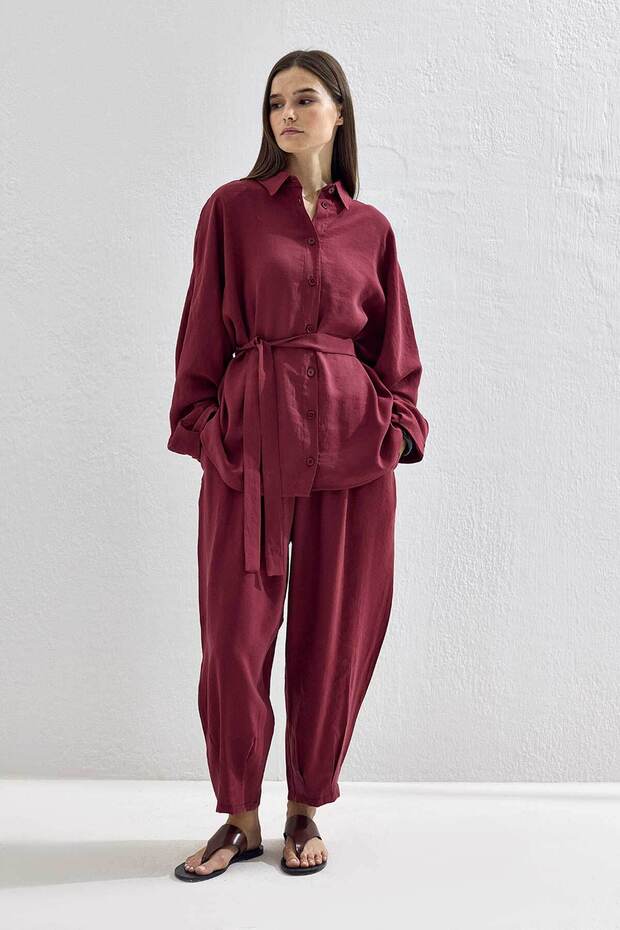 Basic Oversize Bordo Pantolon Takım - 2
