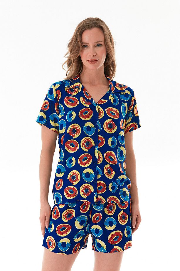 Donut Desenli Gömlek Yaka Şortlu Pijama Takımı - 3