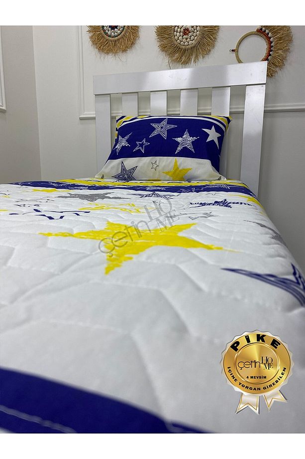 Çetinhome Tek Kişilik Kapitone Pike Seti 4 Mevsim Sarı Lacivert - 5