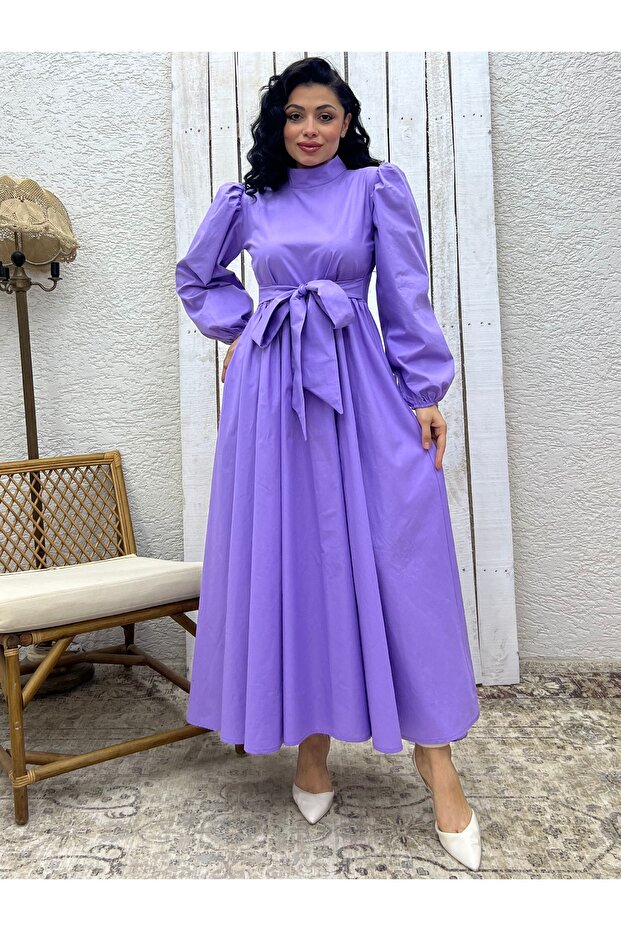 Hijab Dark Lilac Big Bow Poplin Flared Dress