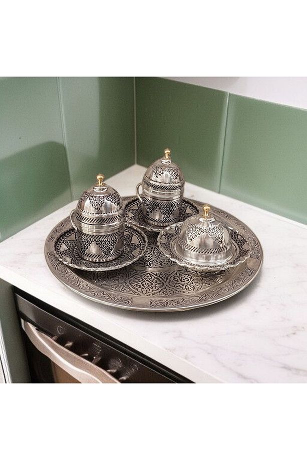 Bakır Fincan Takımı 2 Kişilik - Bakır Üzüm Desenli Türk Kahvesi Oyma 11 Parça Kahve Fincan Seti - 4