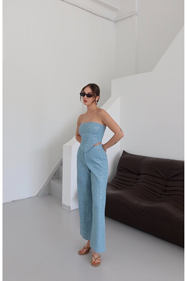 Mavi Pullu Kot Pantolon - 5