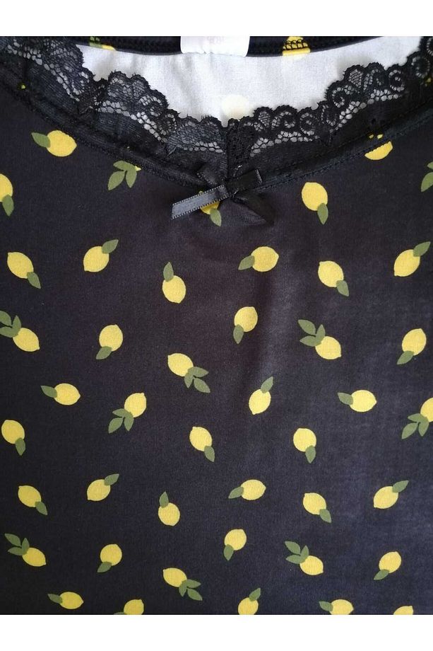 Kadın Milan Kumaş Siyah Limon Desenli Yaka ve Paça Güpürlü İp Askı Şortlu Pijama Takımı - 3