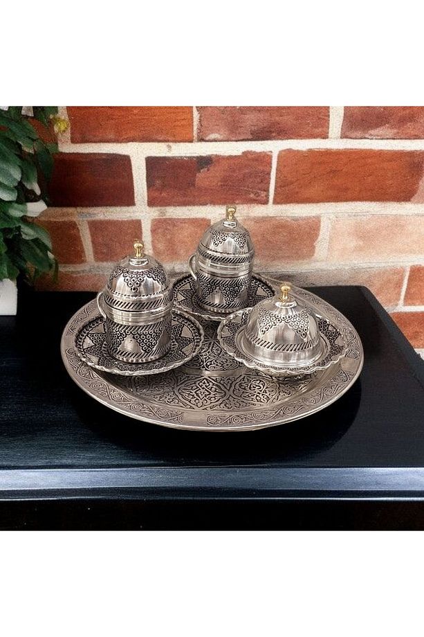 Bakır Fincan Takımı 2 Kişilik - Bakır Üzüm Desenli Türk Kahvesi Oyma 11 Parça Kahve Fincan Seti - 5